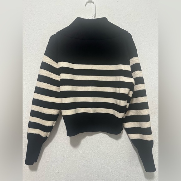 Zara Black and Beige Striped High Neck Quarter Zip Chunky Rib Knit Sweater XL - Picture 5 of 10